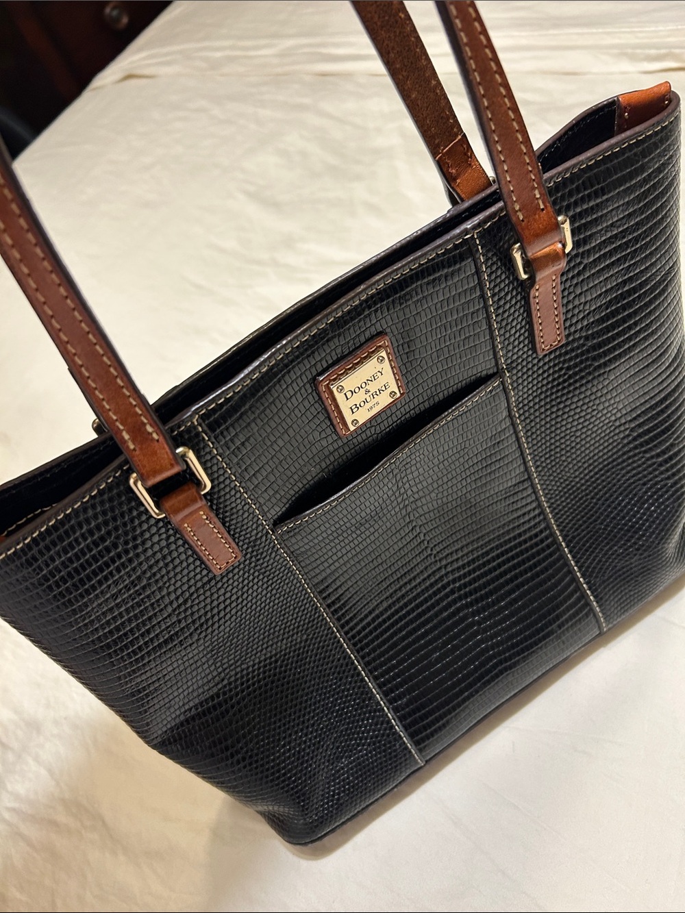Dooney & Bourke Black Textured Tote with Brown Leather Straps